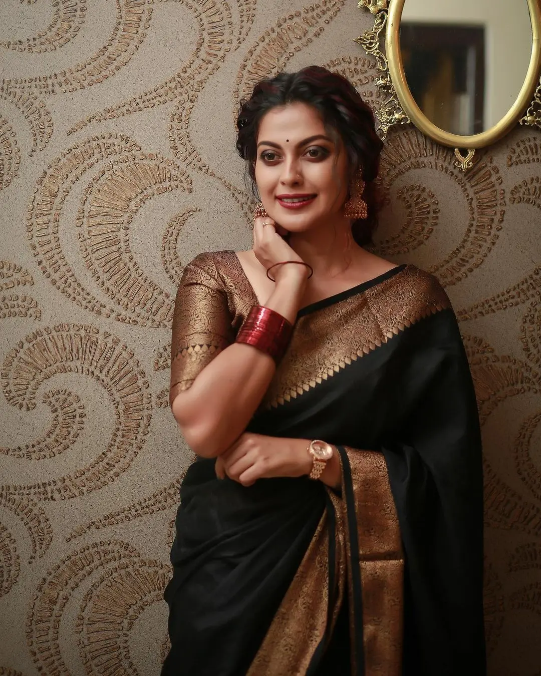 Anusree Nair Wearing Beautiful Earrings Jewellery Black Saree Blouse